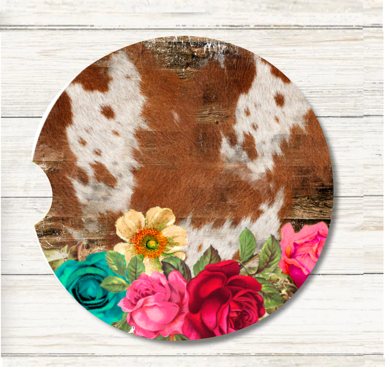 Cowhide & Flowers - Car Coaster & Keychain Transfer