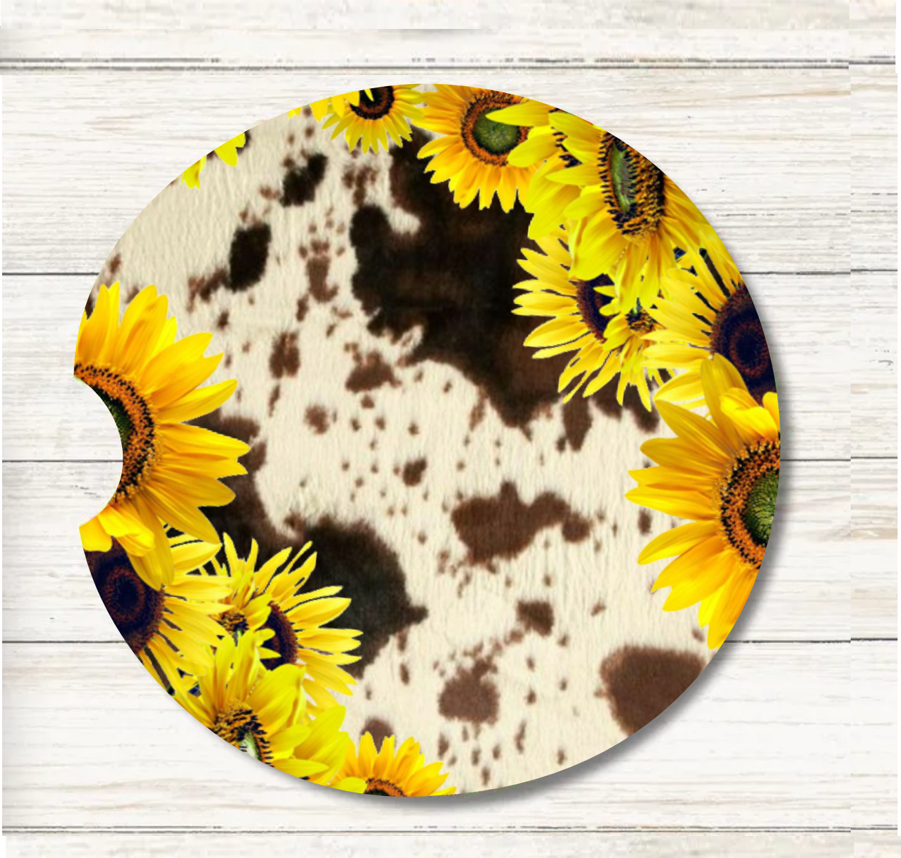 Cowhide & Sunflowers - Car Coaster & Keychain Transfer