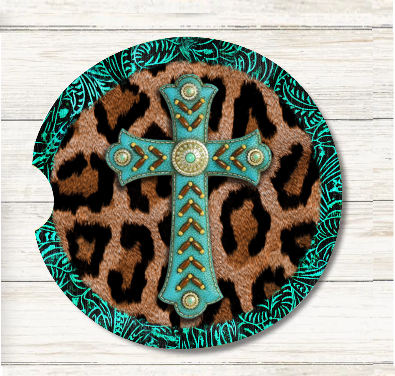 Turquoise & Leopard Cross - Car Coaster & Keychain Transfer