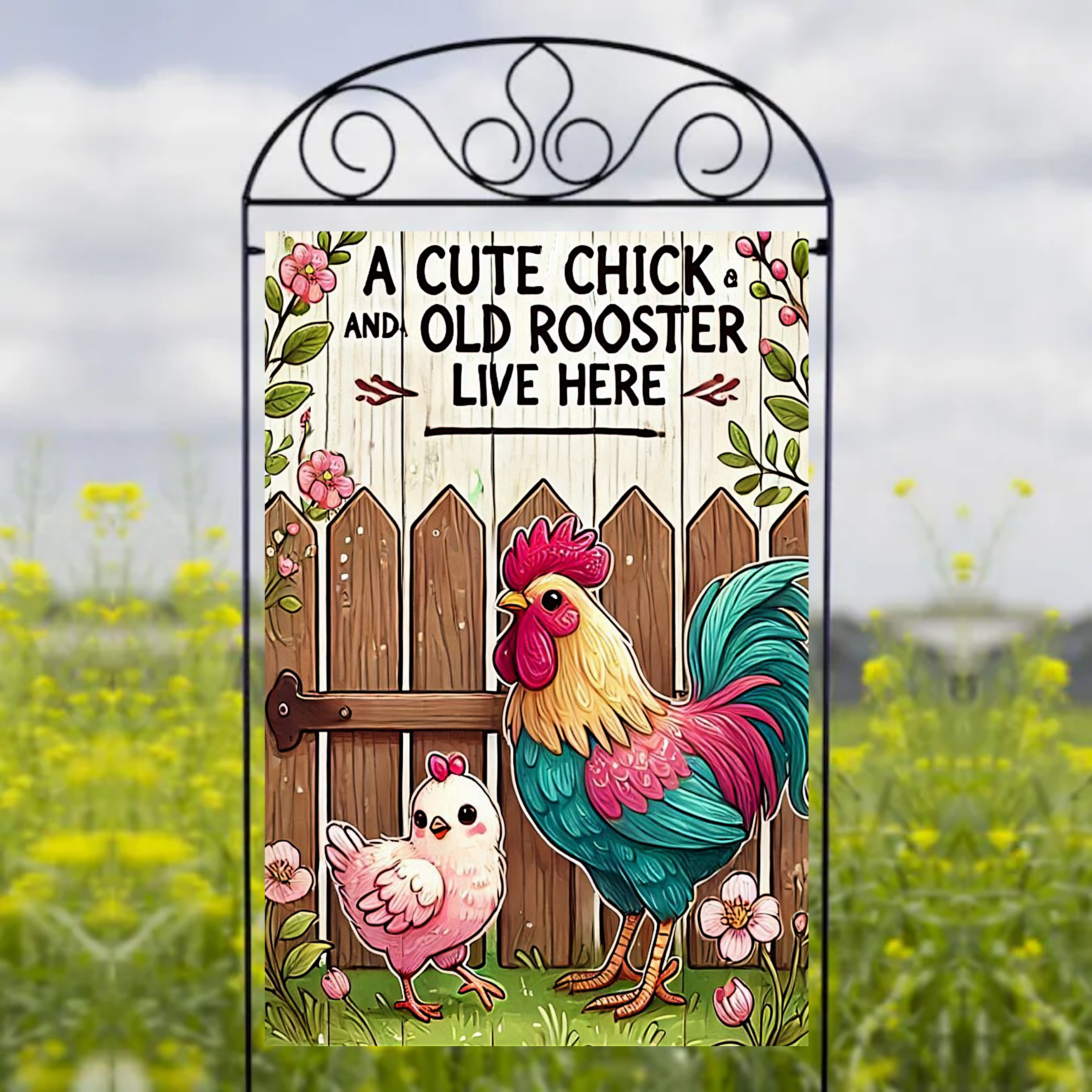 A Cute Chick & Old Rooster Loves Here - Garden Flag Sublimation Transfers