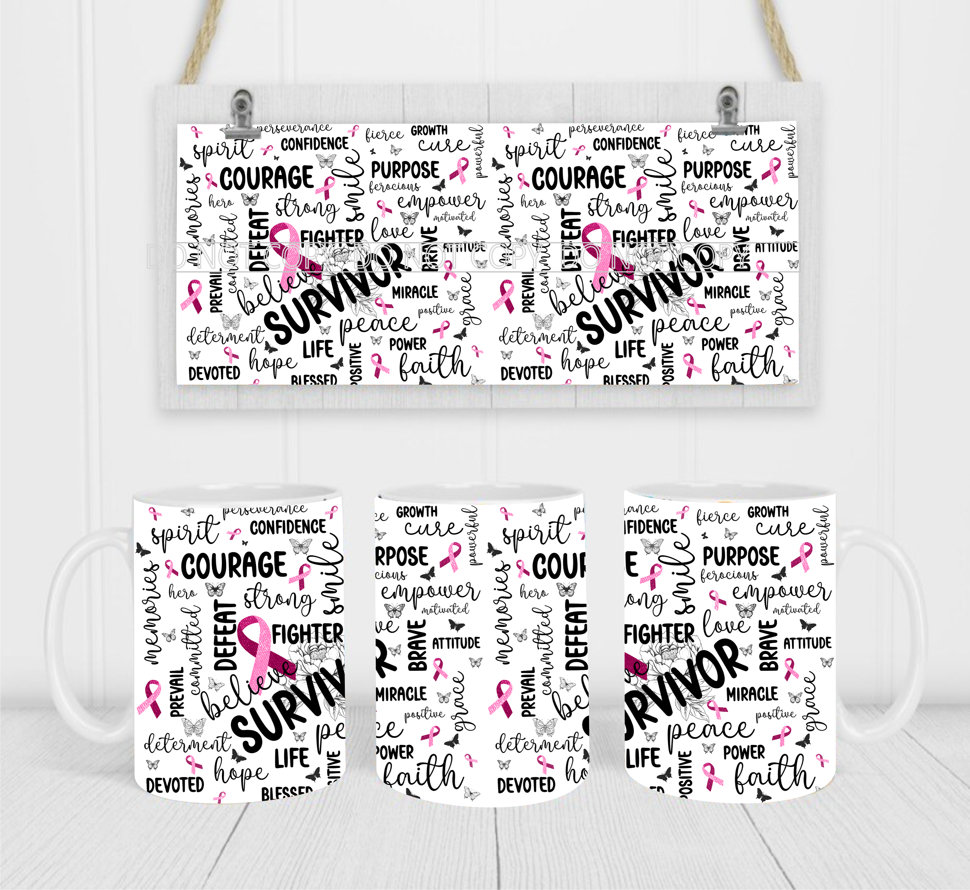 Survivor Pink Ribbon - Coffee Mug Wrap - Sublimation Transfers