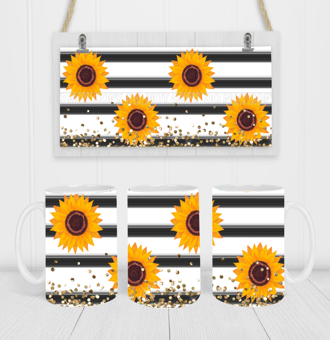 Sunflowers Stripes - Coffee Mug Wrap - Sublimation Transfers