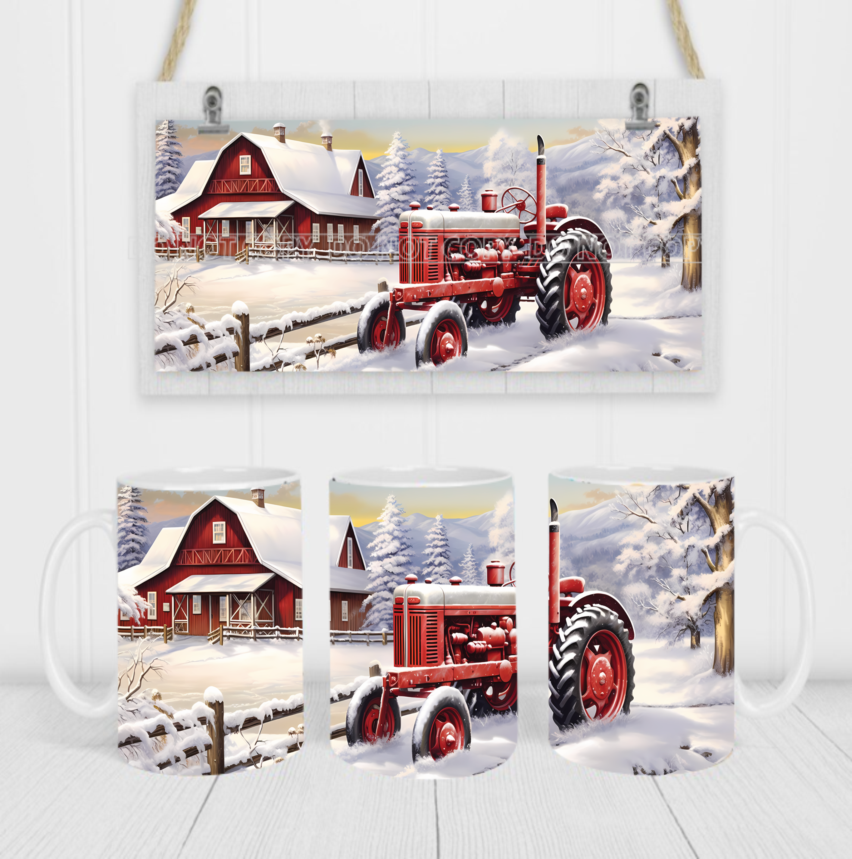 Snowy Farm Scene - Coffee Mug Wrap - Sublimation Transfers