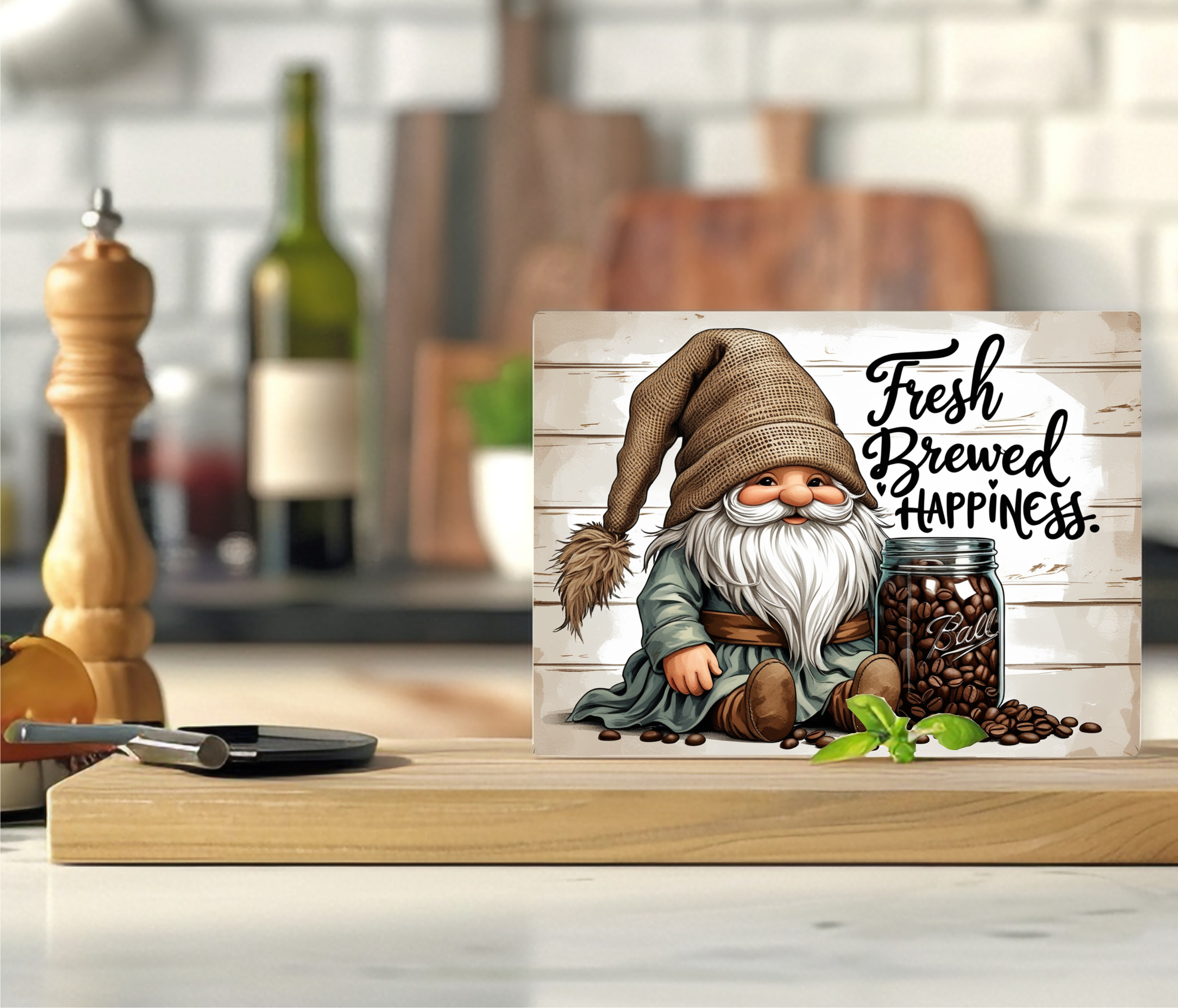 Fresh Brewed Happiness Gnome - Cutting Board - Sublimation Transfer