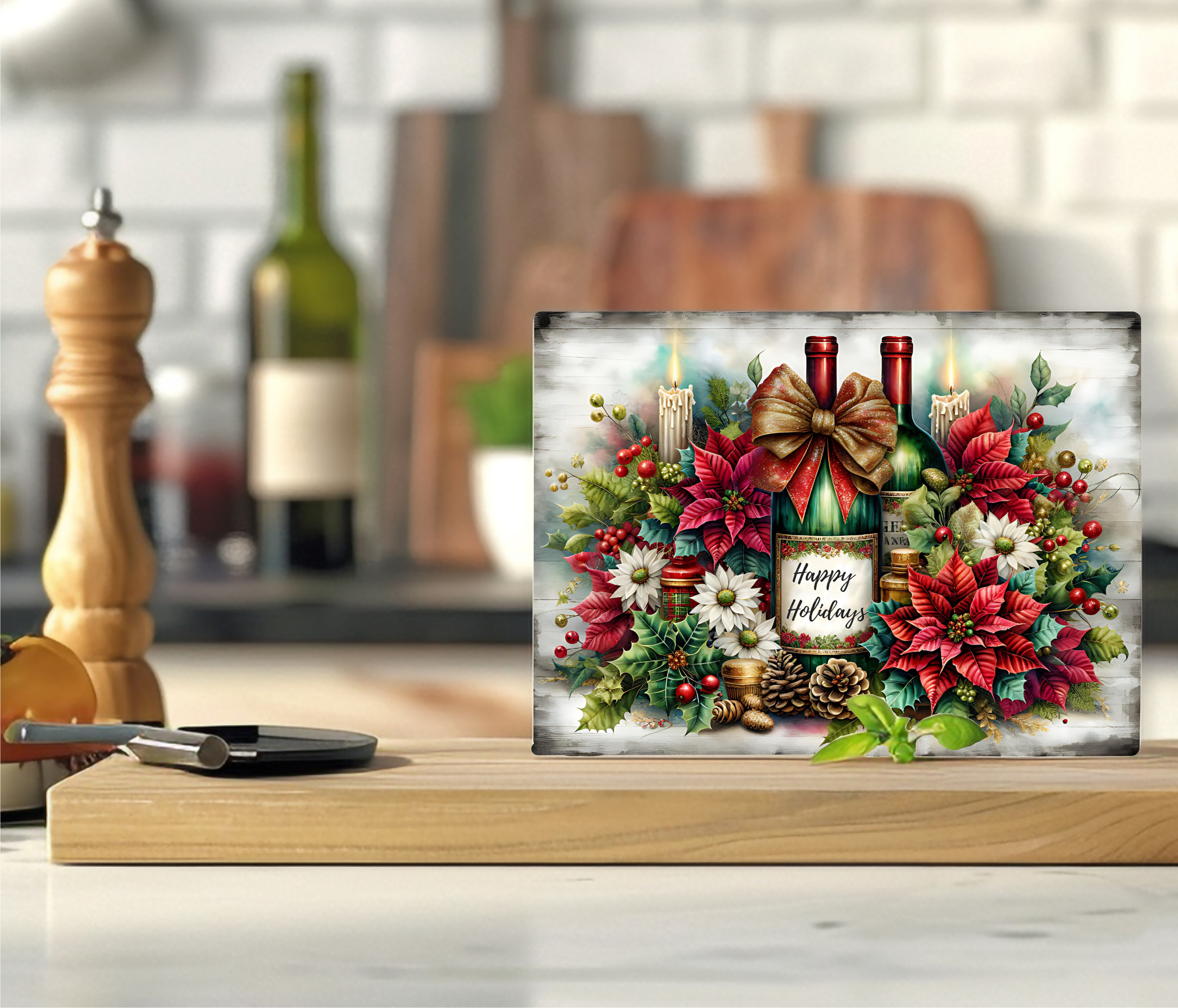 Happy Holiday Wine Bottles - Cutting Board - Sublimation Transfer