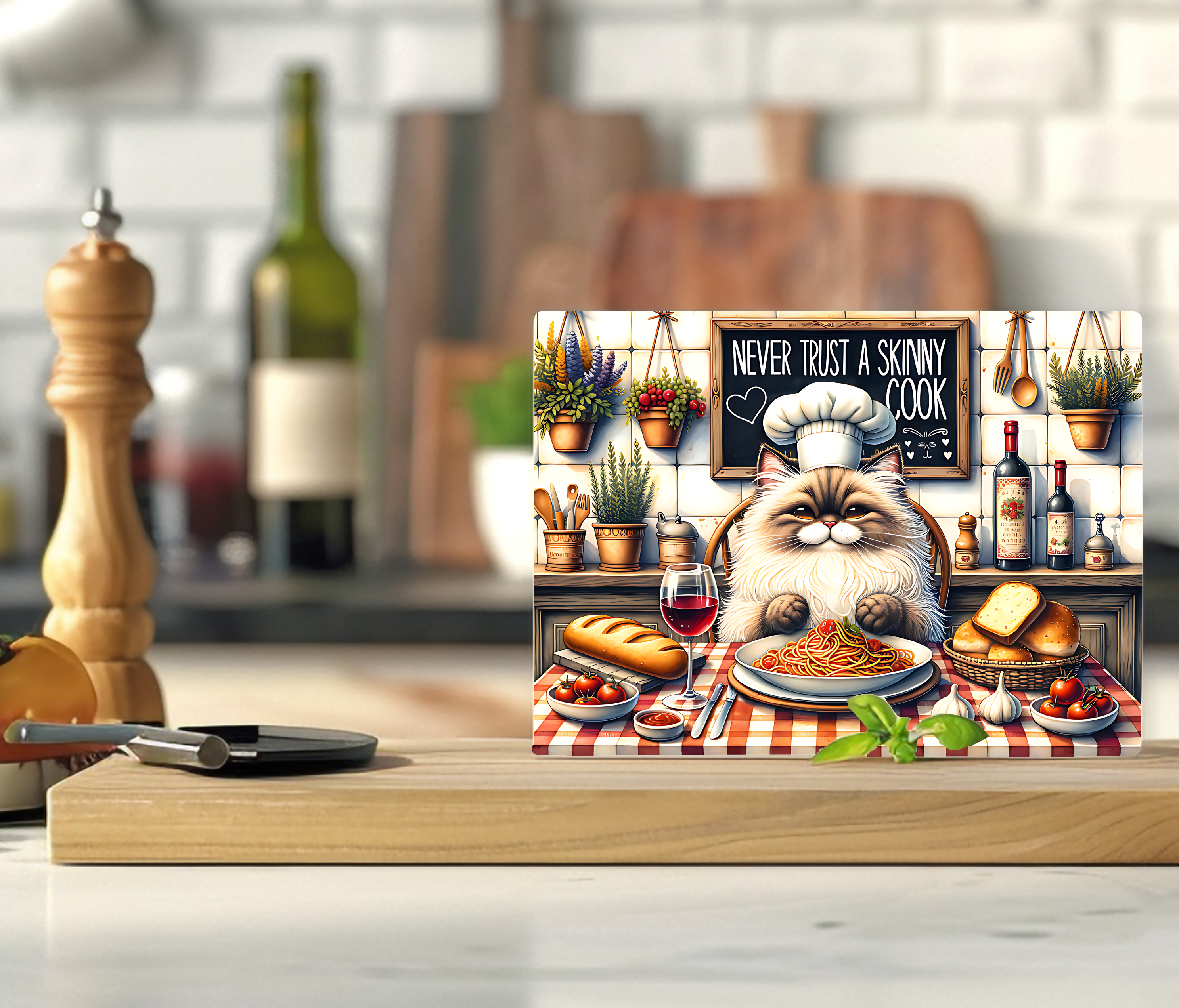 Never Trust A Skinny Cook Chef Cat - Cutting Board - Sublimation Transfer