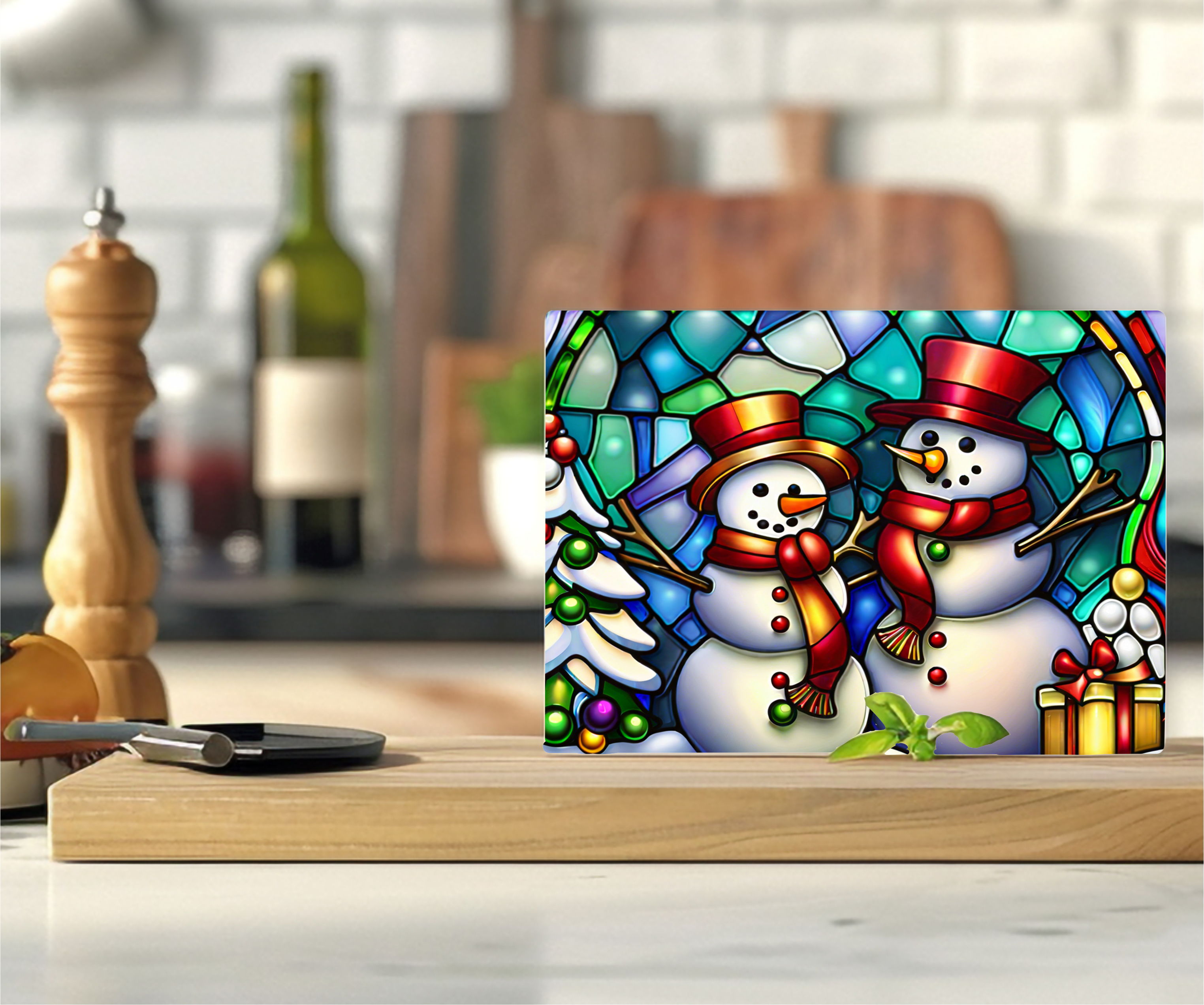 Stained Glass Snowmen - Cutting Board - Sublimation Transfer