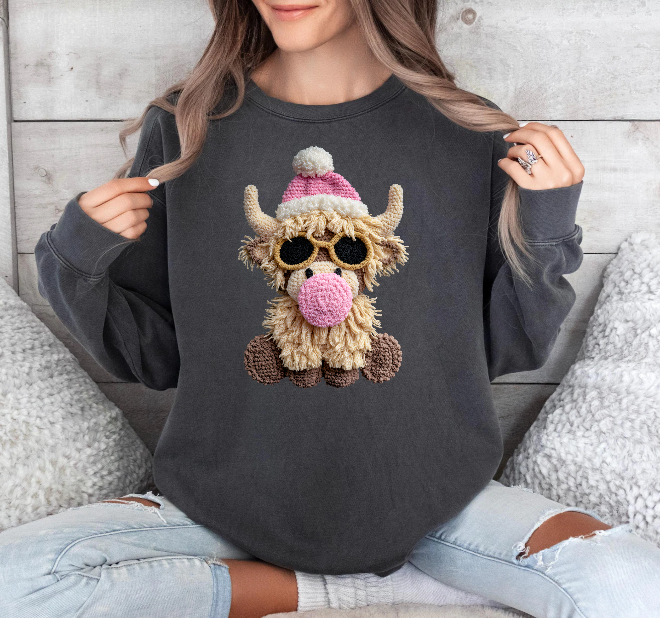 Faux Crochet/Stitch -  Shaggy Cow - DTF Transfer