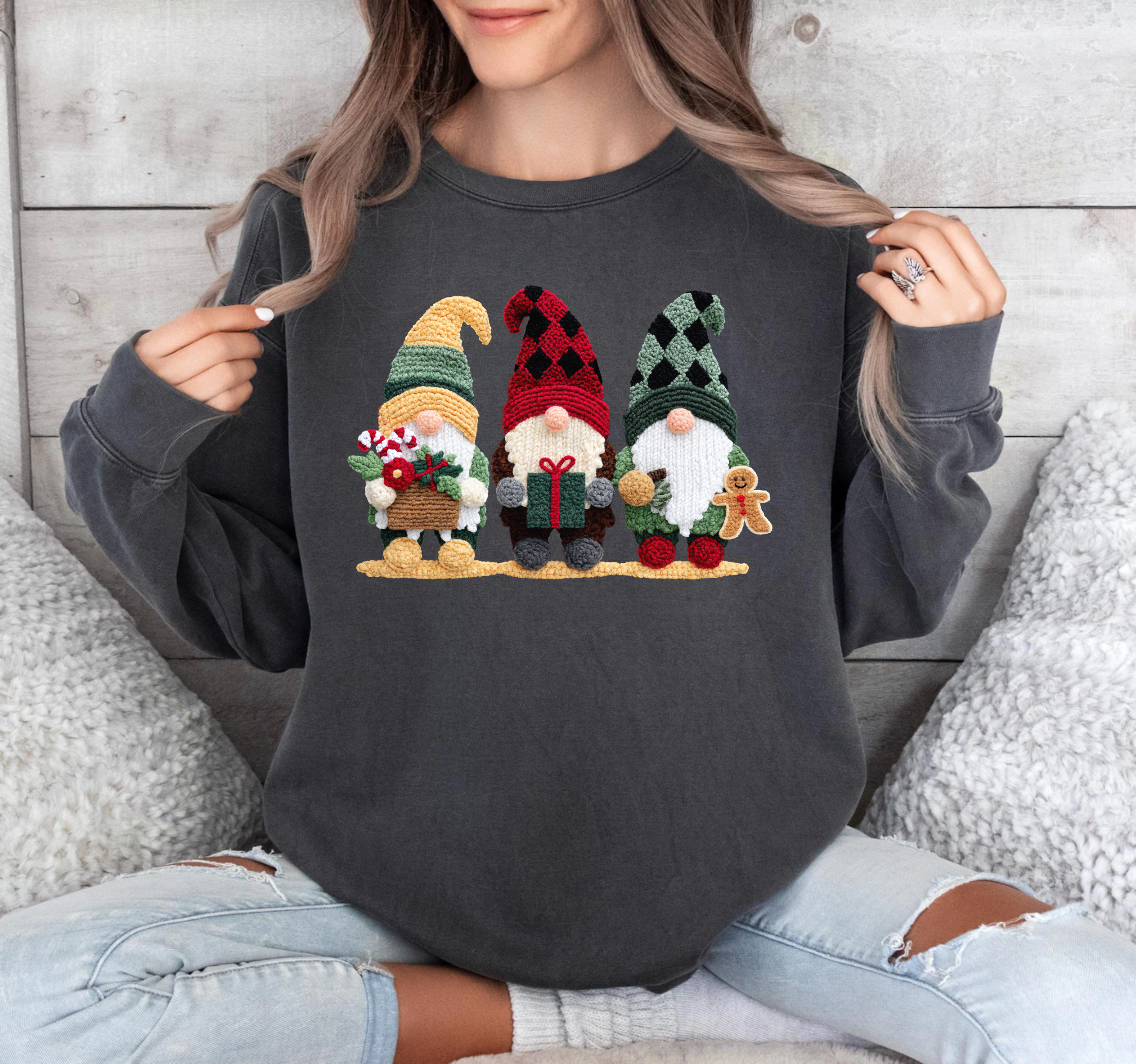 Faux Crochet/Stitch -  Gnome Trio - DTF Transfer