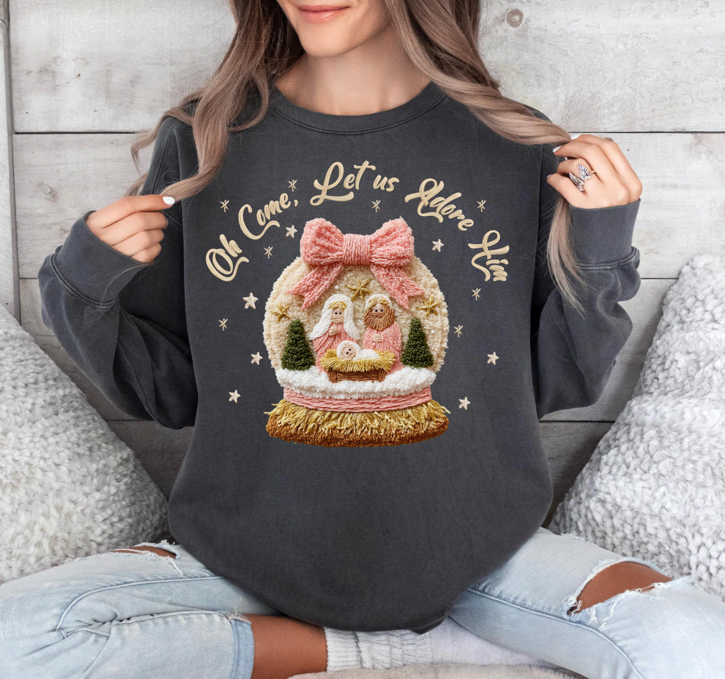 Faux Crochet Yarn - Oh Come Let Us Adore Him - DTF Transfer