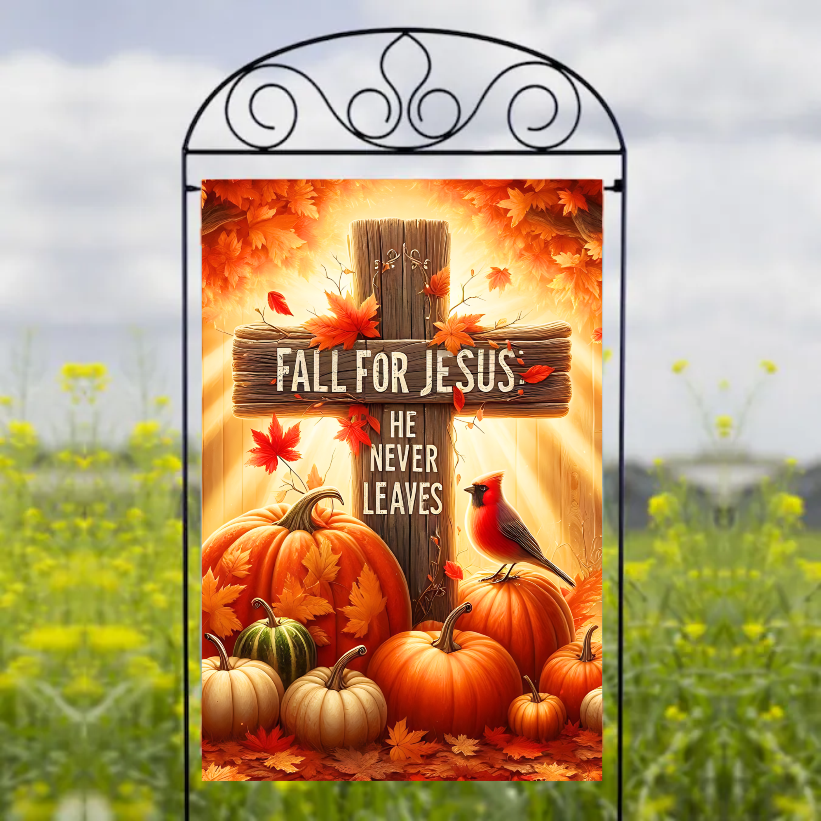 Fall For Jesus He Never Leaves - Garden Flag Sublimation Transfers