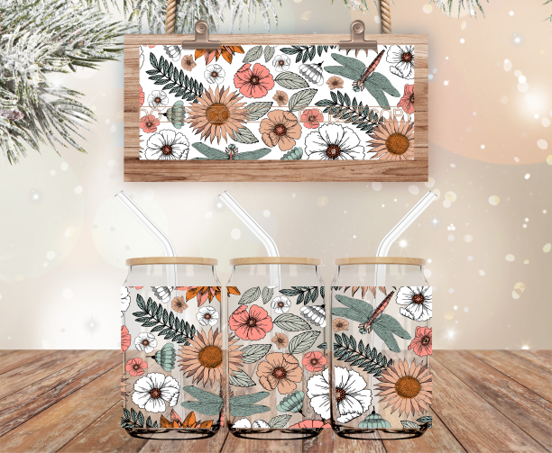 Boho Floral & Dragonfly - 16 oz Libbey Glass Can Wrap