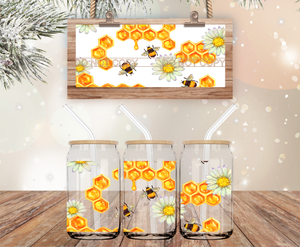 Honeybees & Honeycombs - 16 oz Libbey Glass Can Wrap