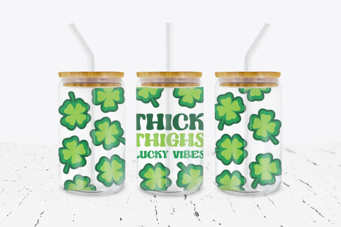 Thick Thighs & Lucky Vibes - 16 oz Libbey Glass Can Wrap