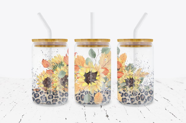 Sunflowers with Leopard - 16 oz Libbey Glass Can Wrap