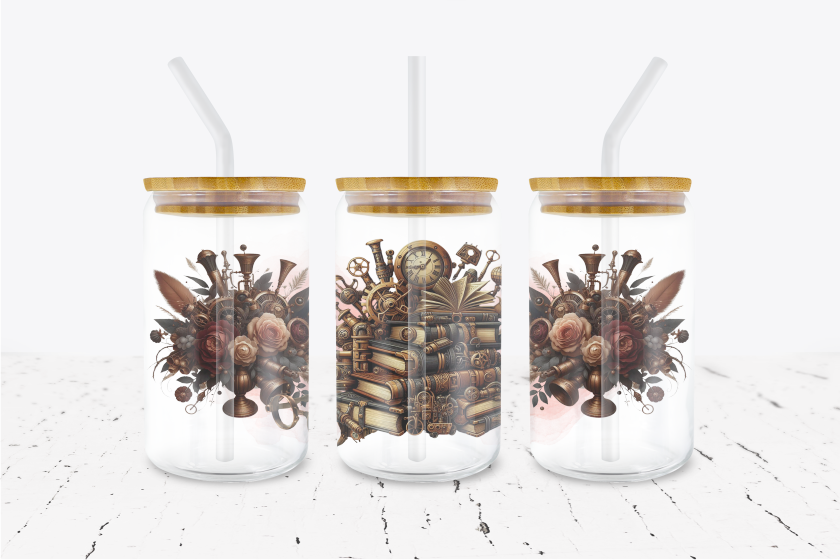 Steampunk Stacked Books - 16 oz Libbey Glass Can Wrap