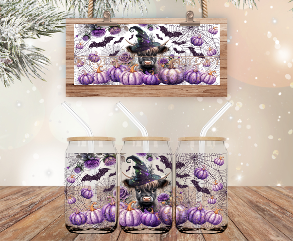 Halloween Purple Pumpkins & Cow - 16 oz Libbey Glass Can Wrap