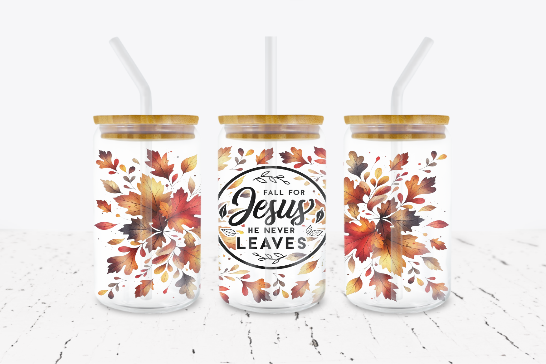 Fall For Jesus Because He Never Leaves - 16 oz Libbey Glass Can Wrap