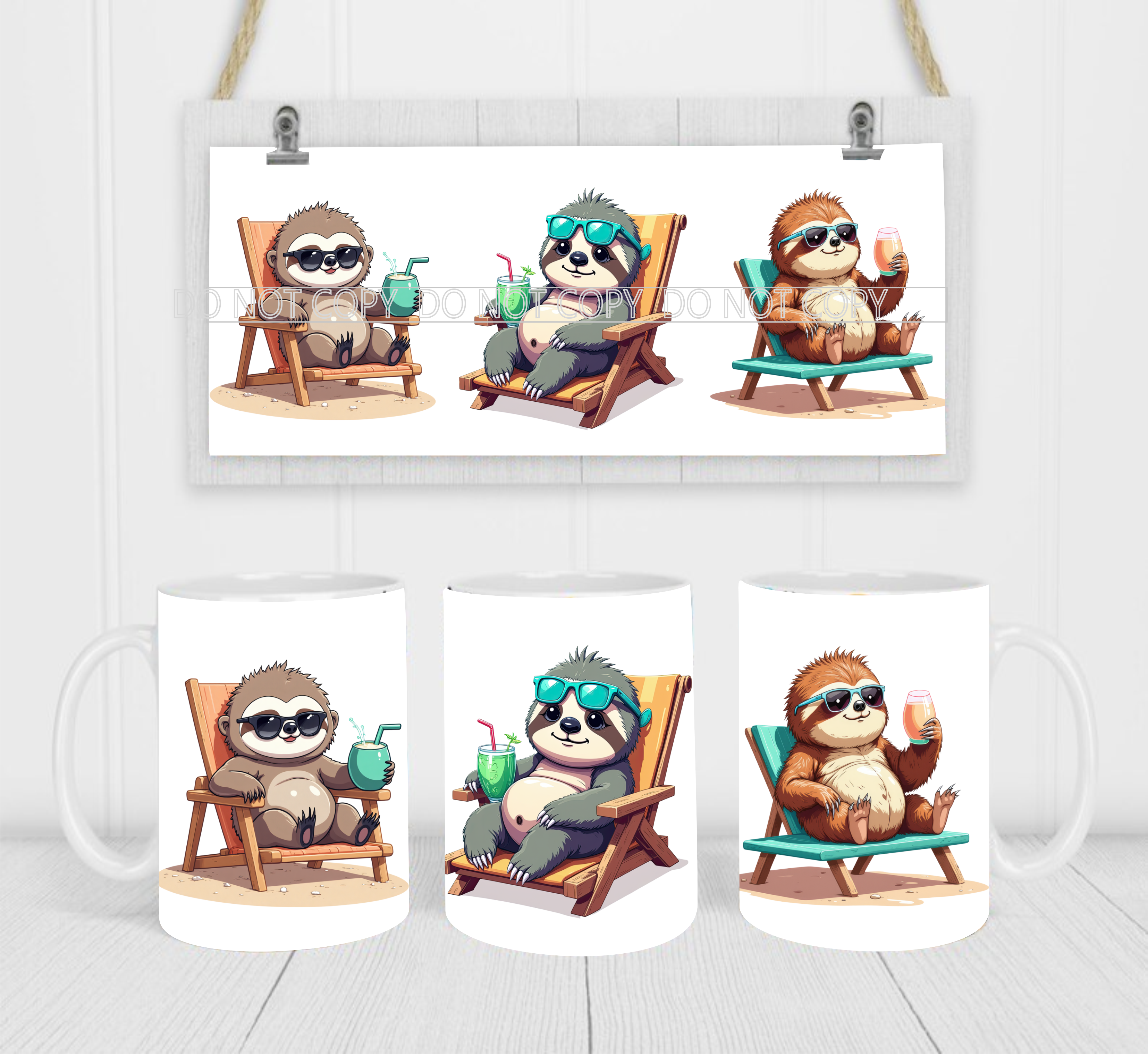 Beach Sloths - Coffee Mug Wrap - Sublimation Transfers