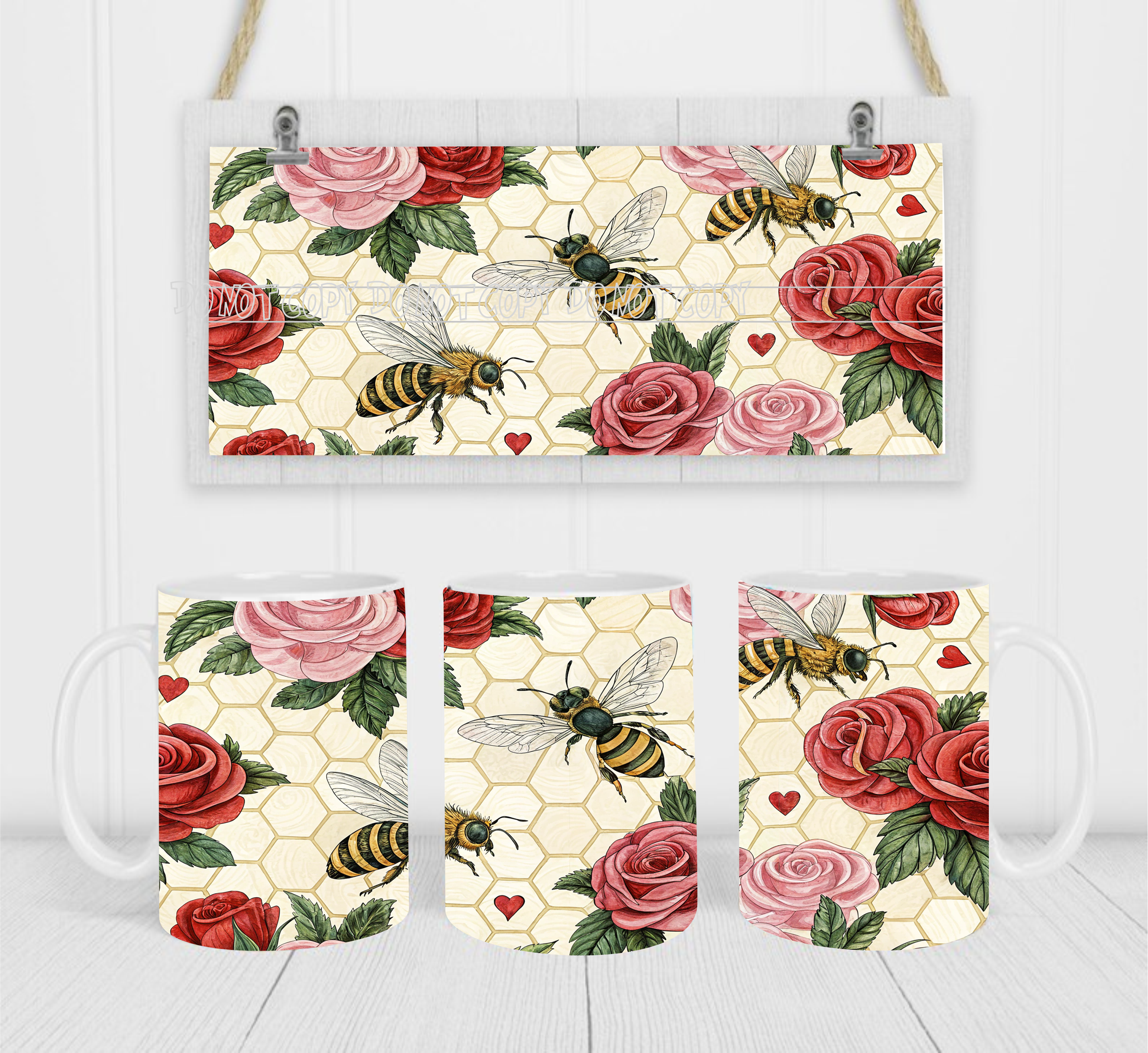 Roses & Bees - Coffee Mug Wrap - Sublimation Transfers