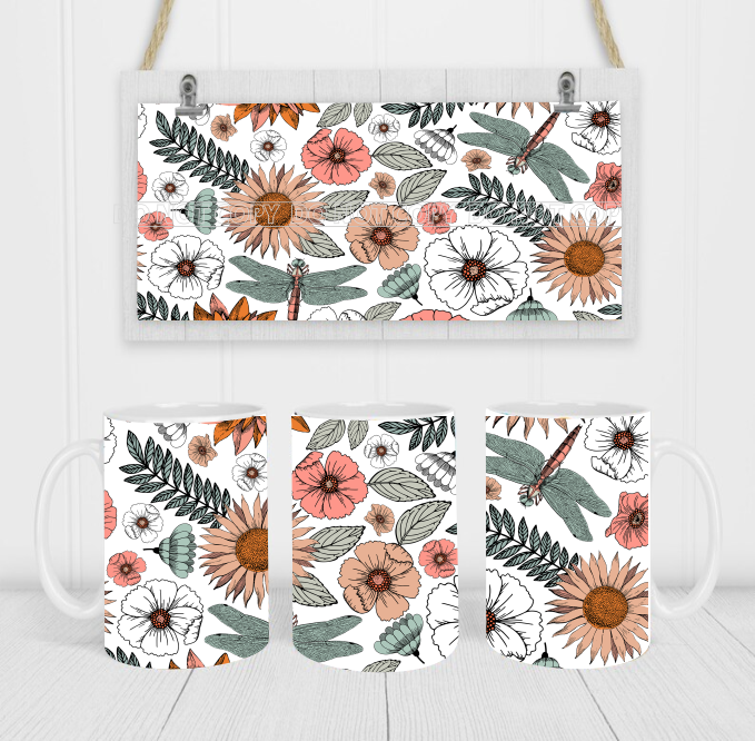 Boho Flowers & Dragonfly - Coffee Mug Wrap - Sublimation Transfers