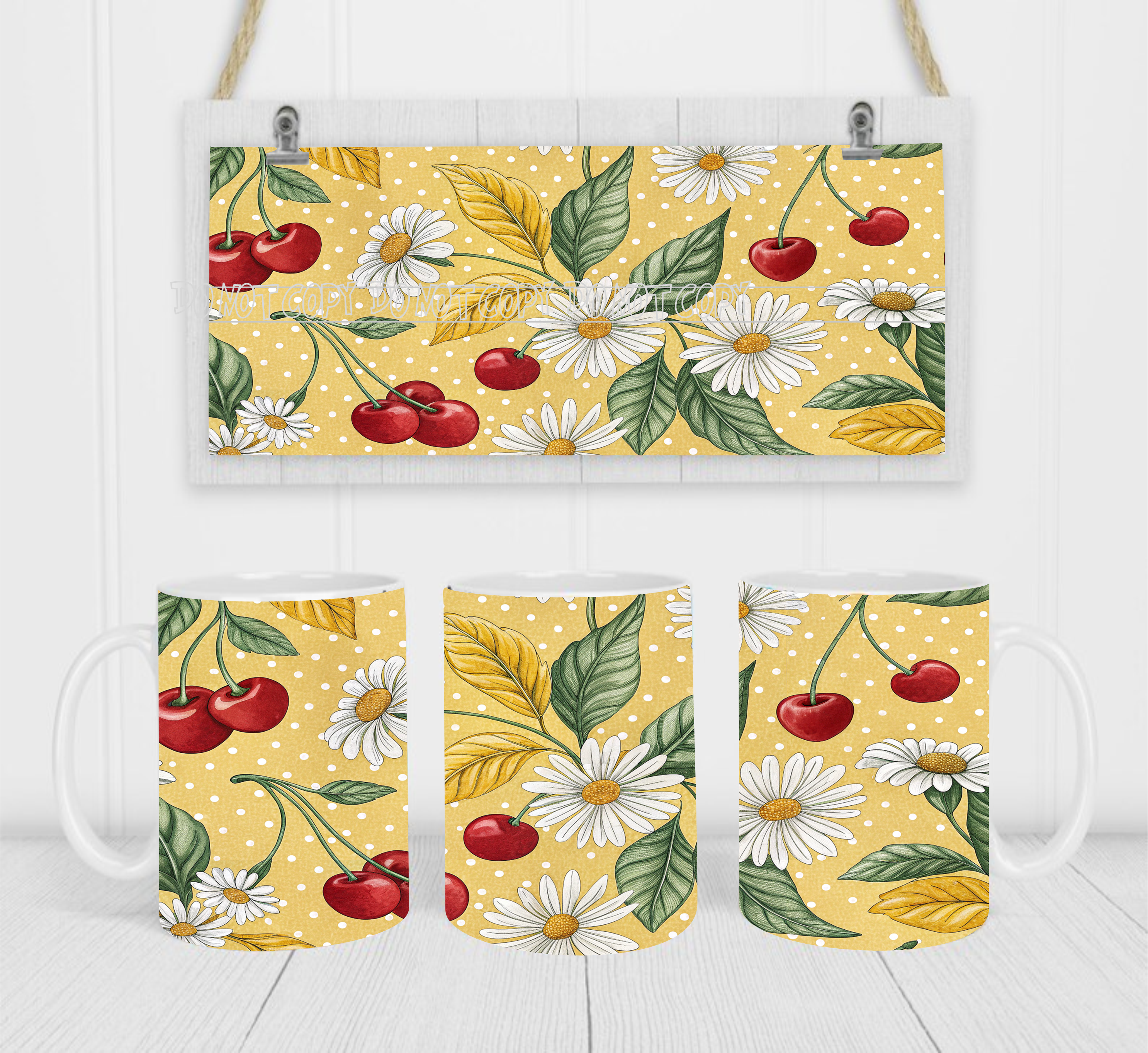 Cherries & Daisies - Coffee Mug Wrap - Sublimation Transfers