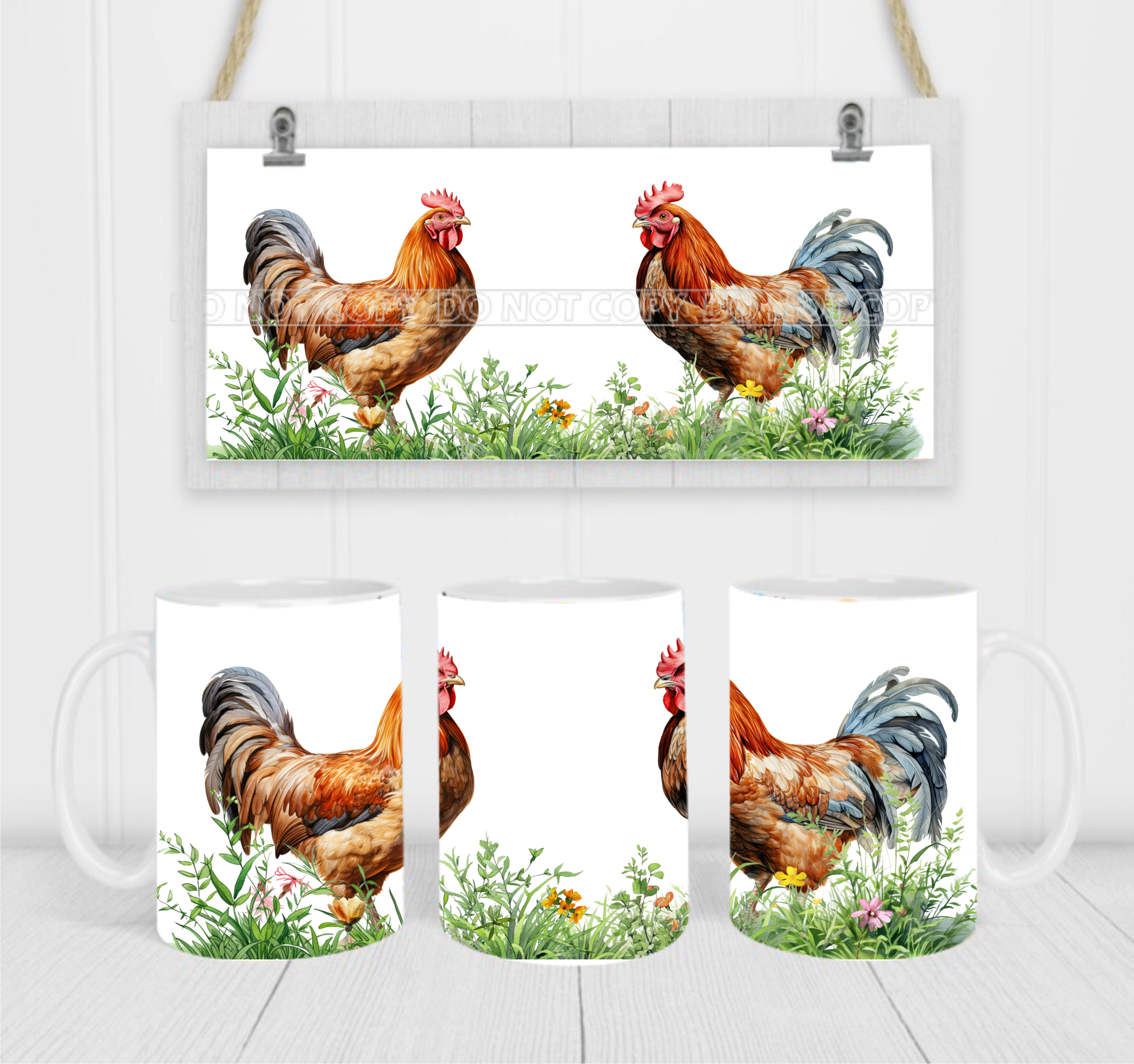 Farmhouse Roosters - Coffee Mug Wrap - Sublimation Transfers