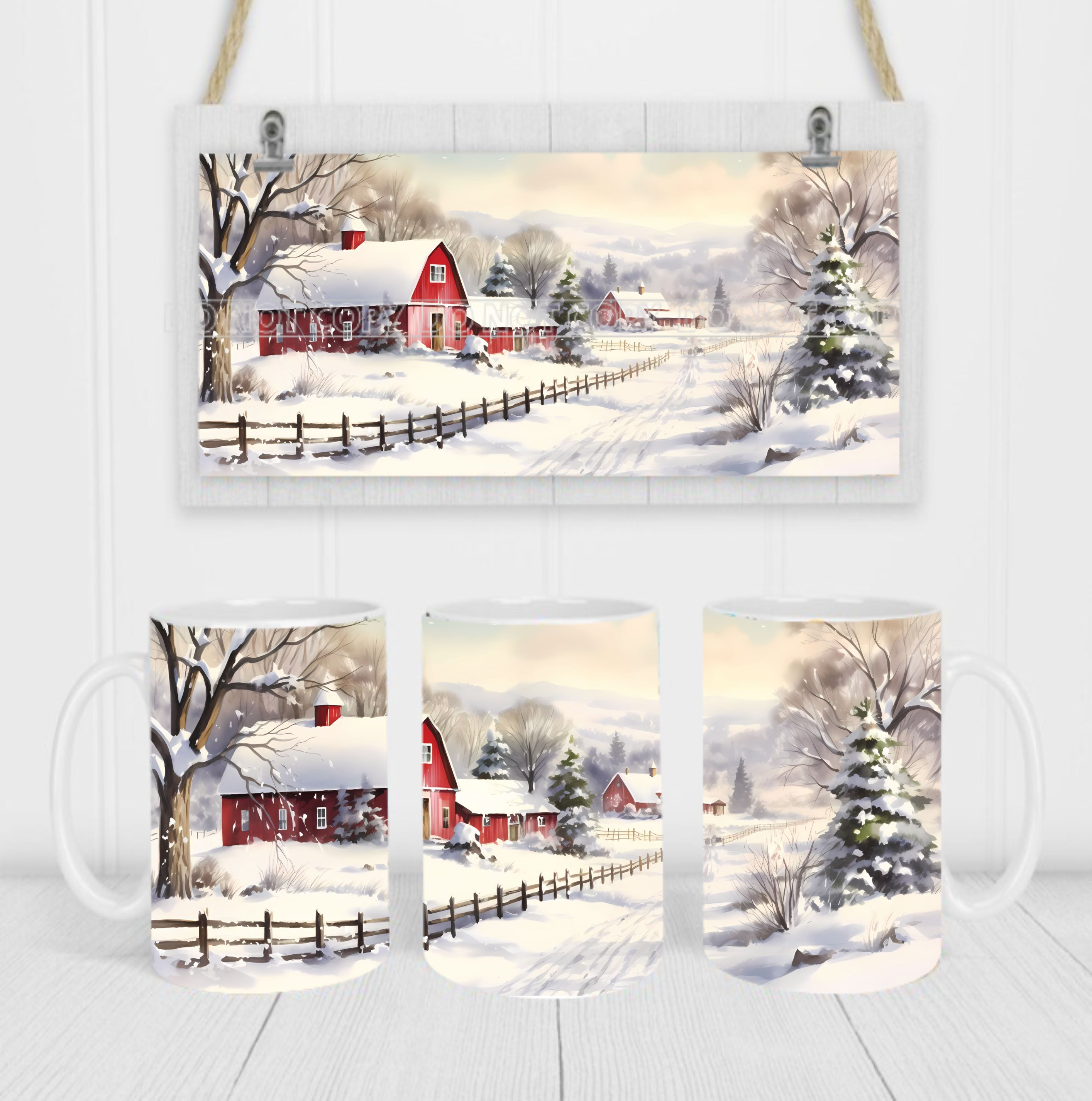 Snowy Farm Scene - Coffee Mug Wrap - Sublimation Transfers