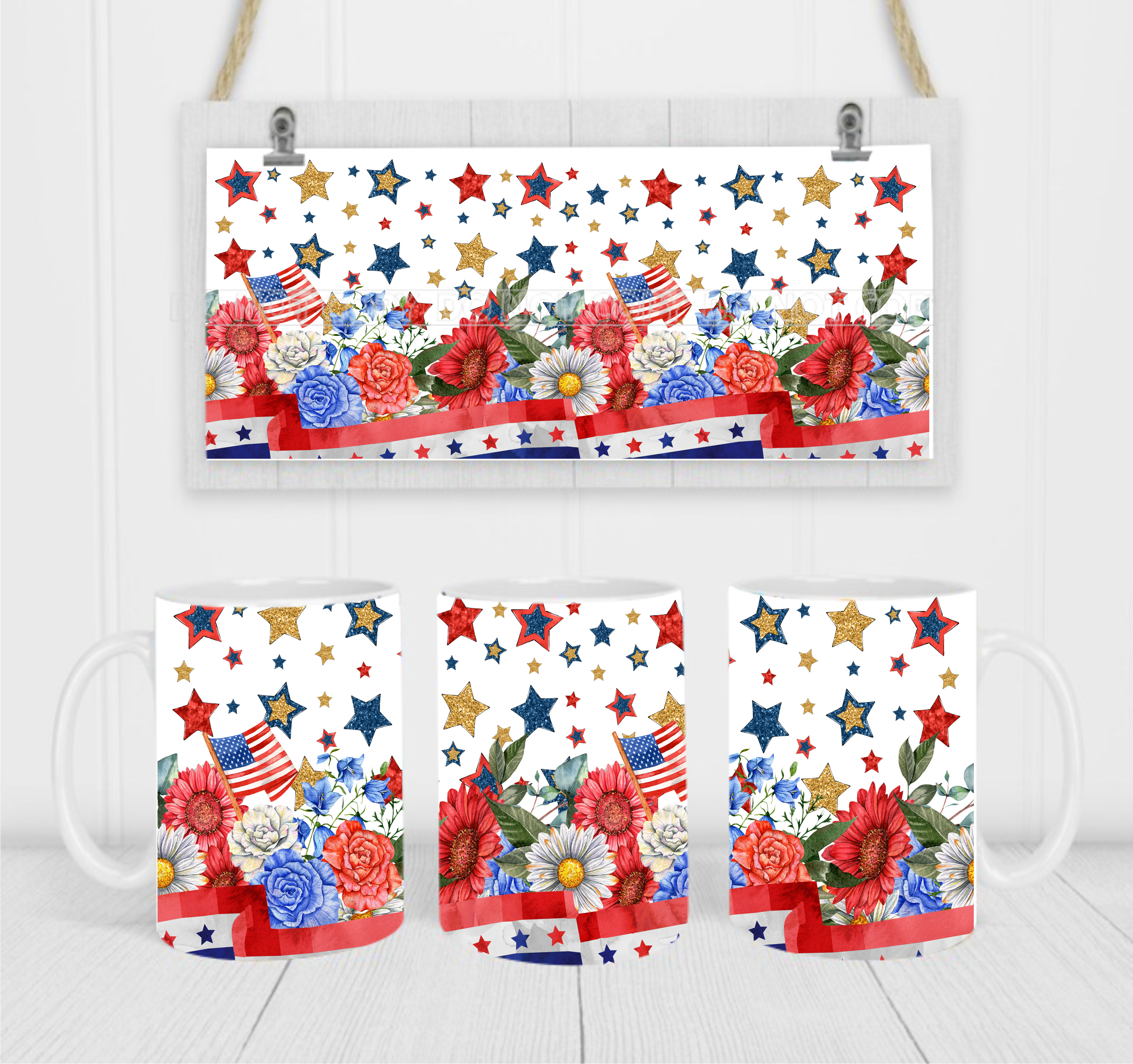 Patriotic Stars - Coffee Mug Wrap - Sublimation Transfers