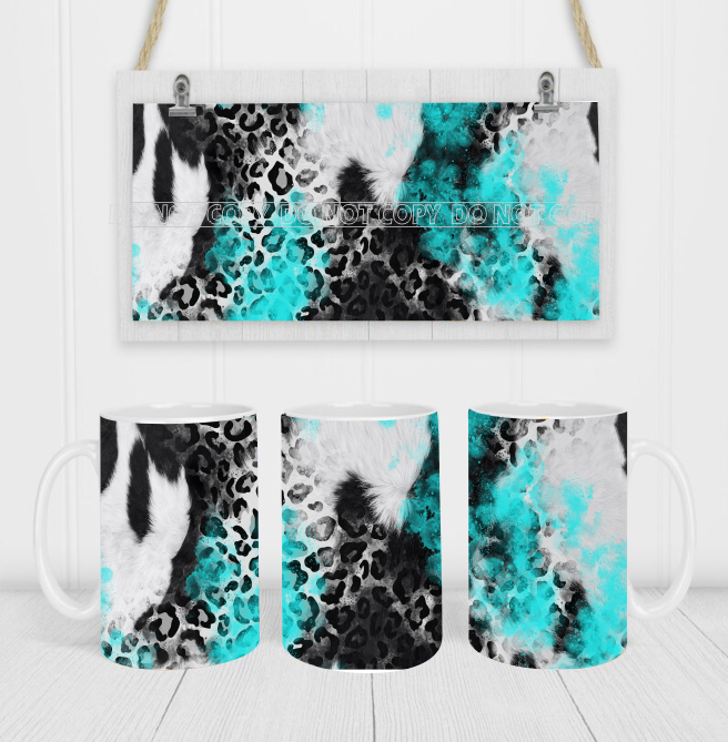 Turquoise Leopard & Cow Print - Coffee Mug Wrap - Sublimation Transfers