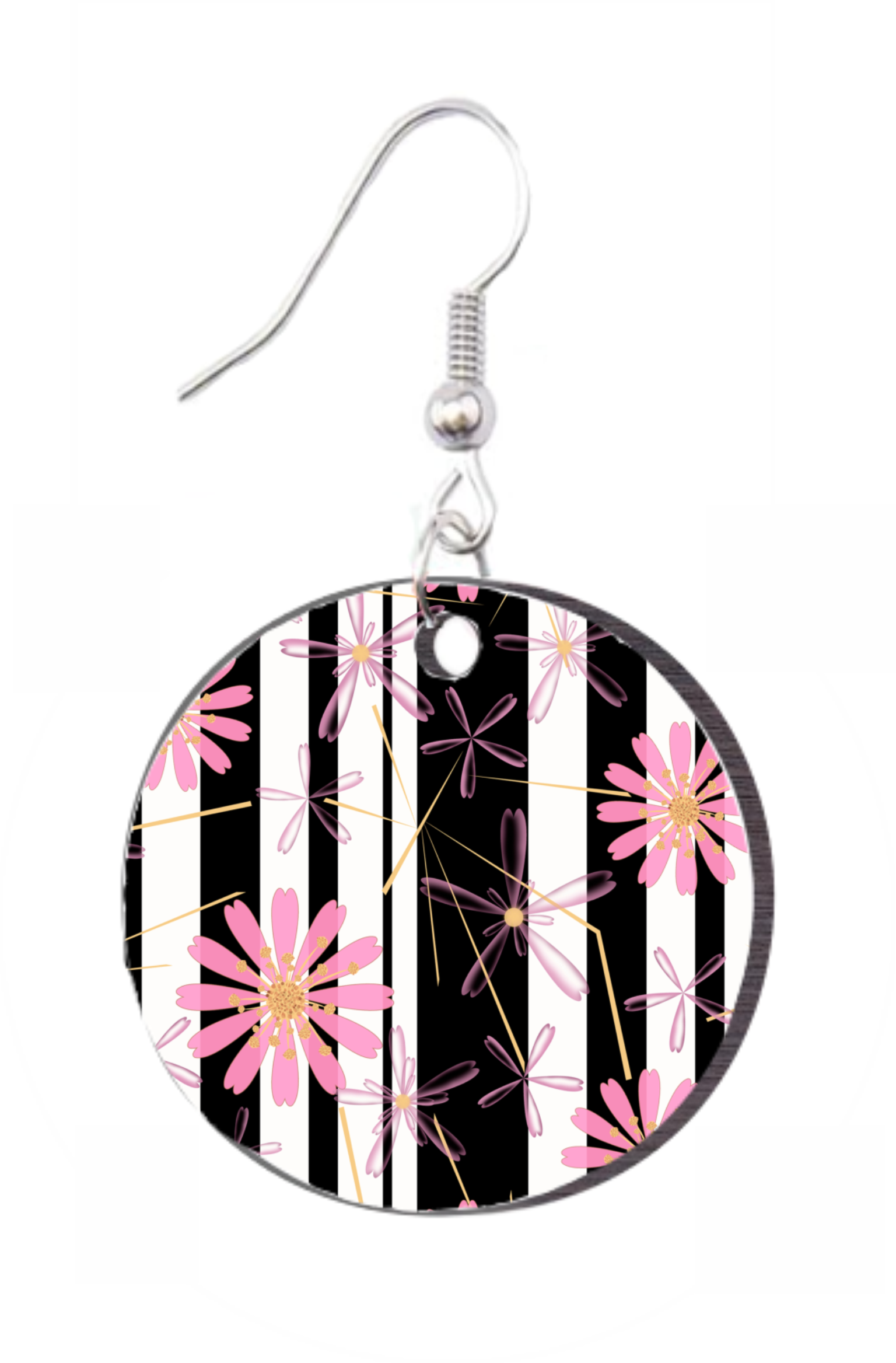 Pink Floral Stripes - Round Earring Design