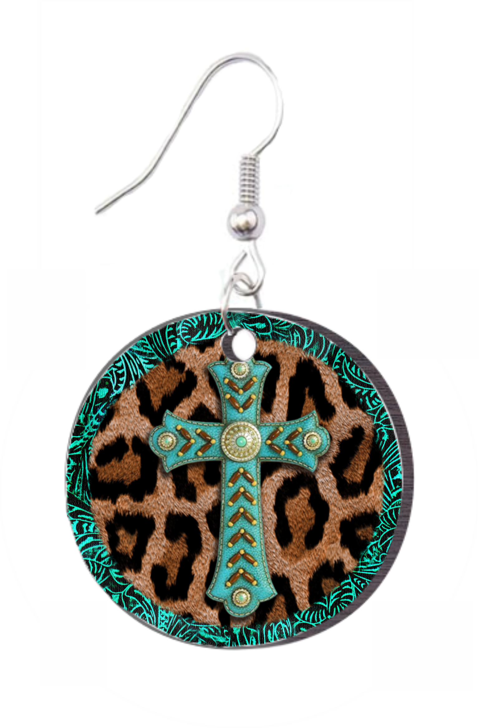 Turquoise Leopard Cross - Round Earring Design