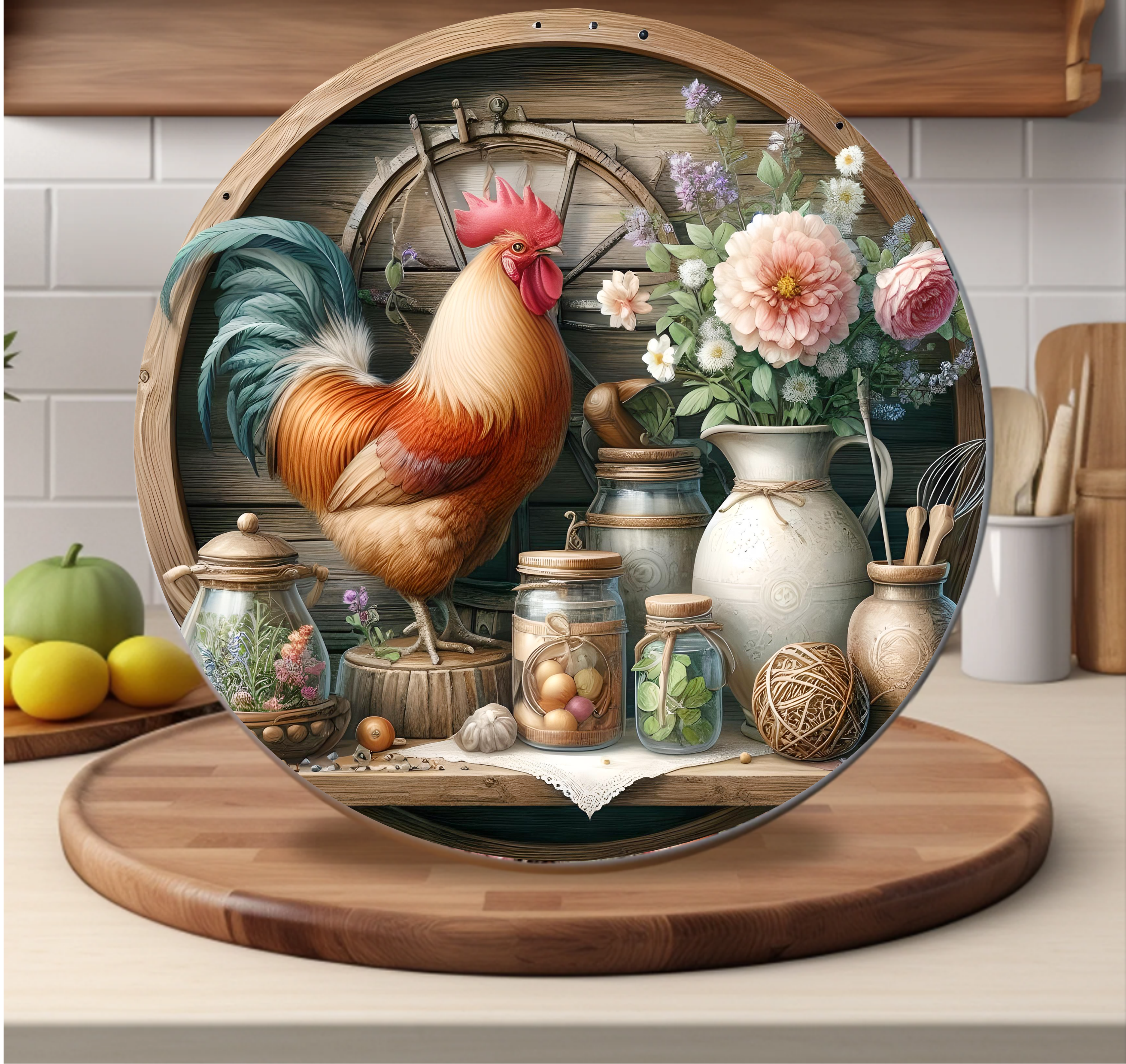 Country Rooster - Faux Wood Trim - Cutting Board - Sublimation Transfer