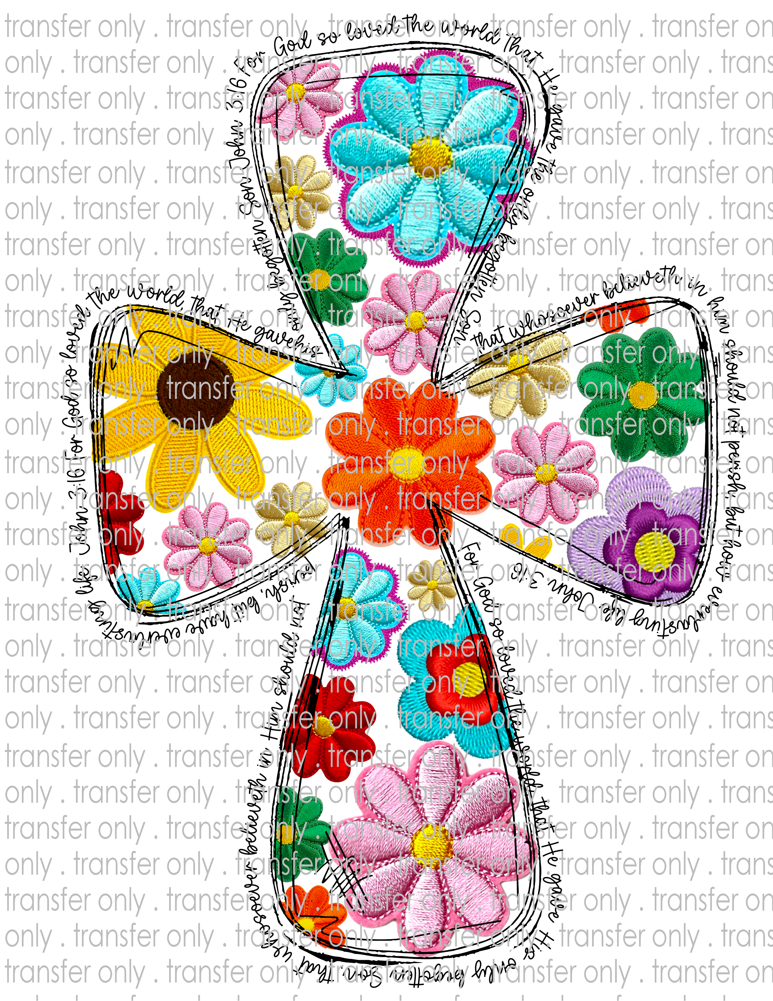 Floral Cross Faux Embroidery - Waterslide, Sublimation Transfers
