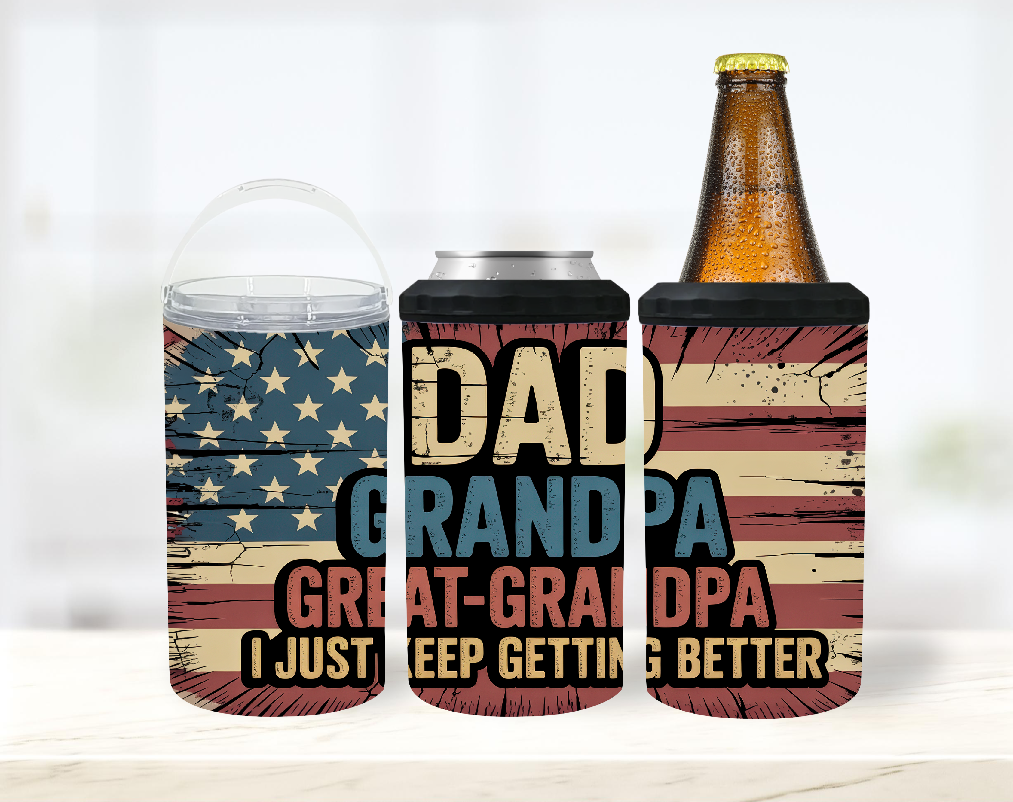 Dad, Grandpa, Great-Grandpa. I Just Keep Getting Better - 12 oz Can Holders & Slap Wrap - Sublimation Transfers
