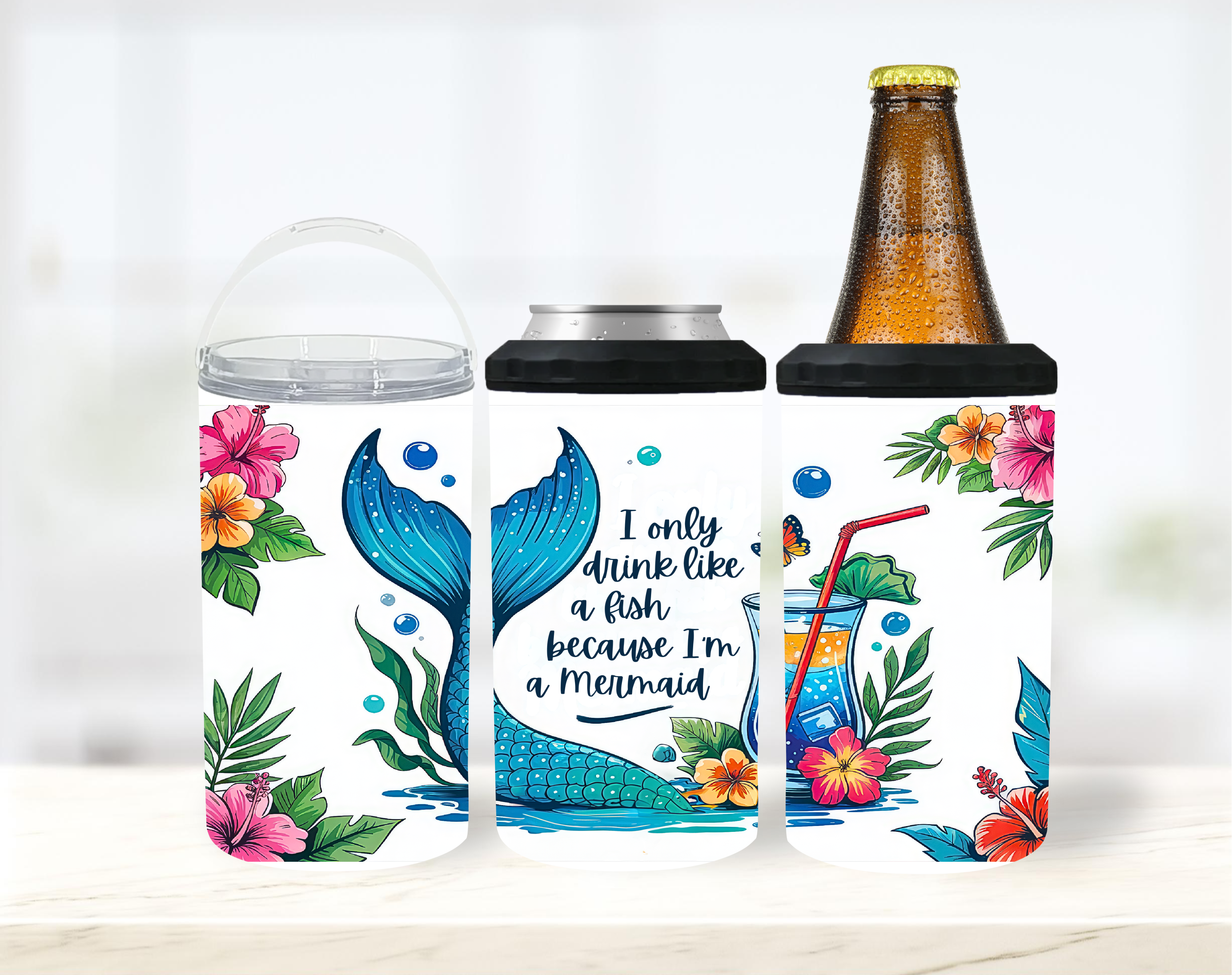 I Only Drink Like A Fish Because I'm A Mermaid - 12 oz Can Holders & Slap Wrap - Sublimation Transfers