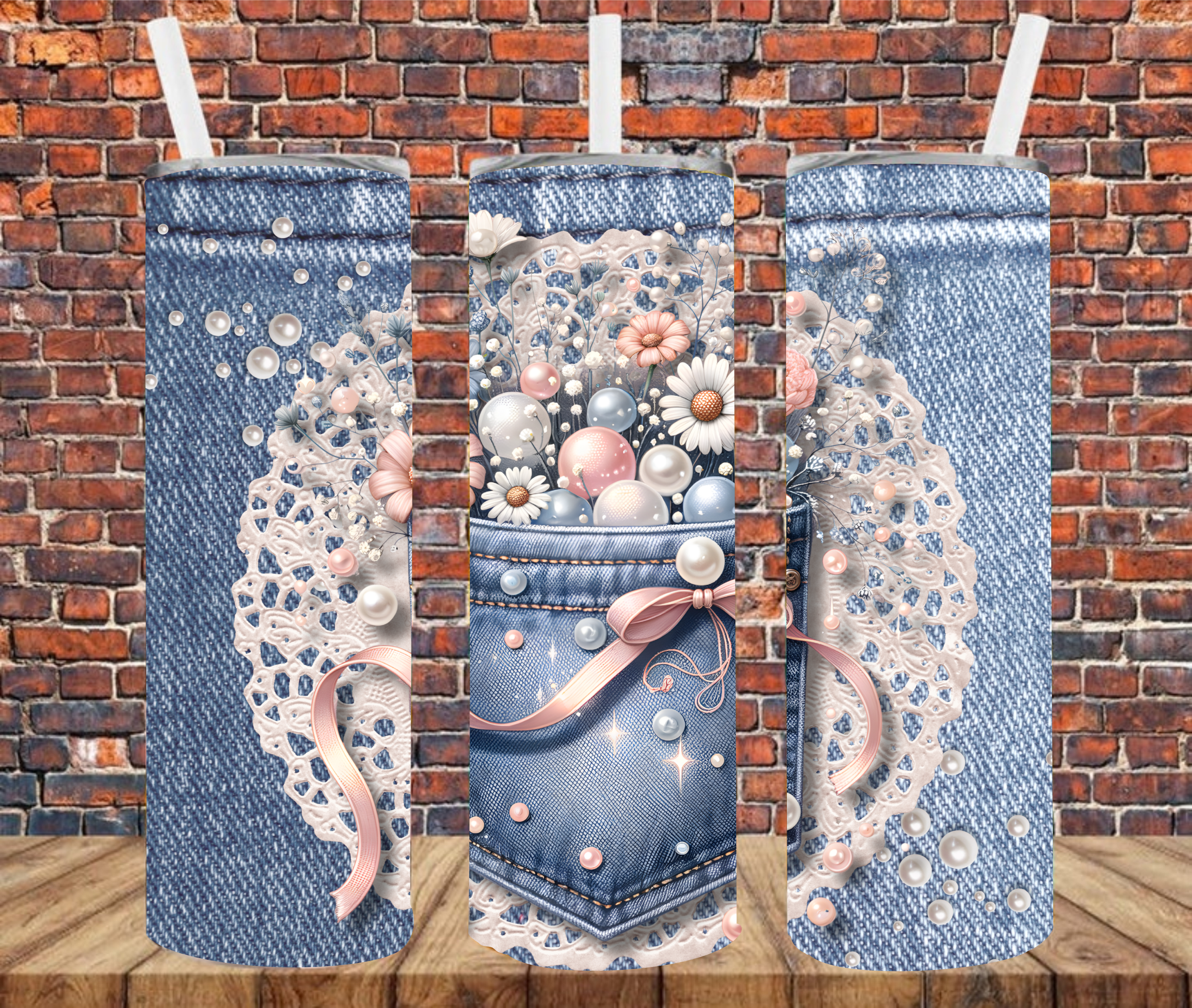 Denim & Pearls - Tumbler Wrap - Sublimation Transfers