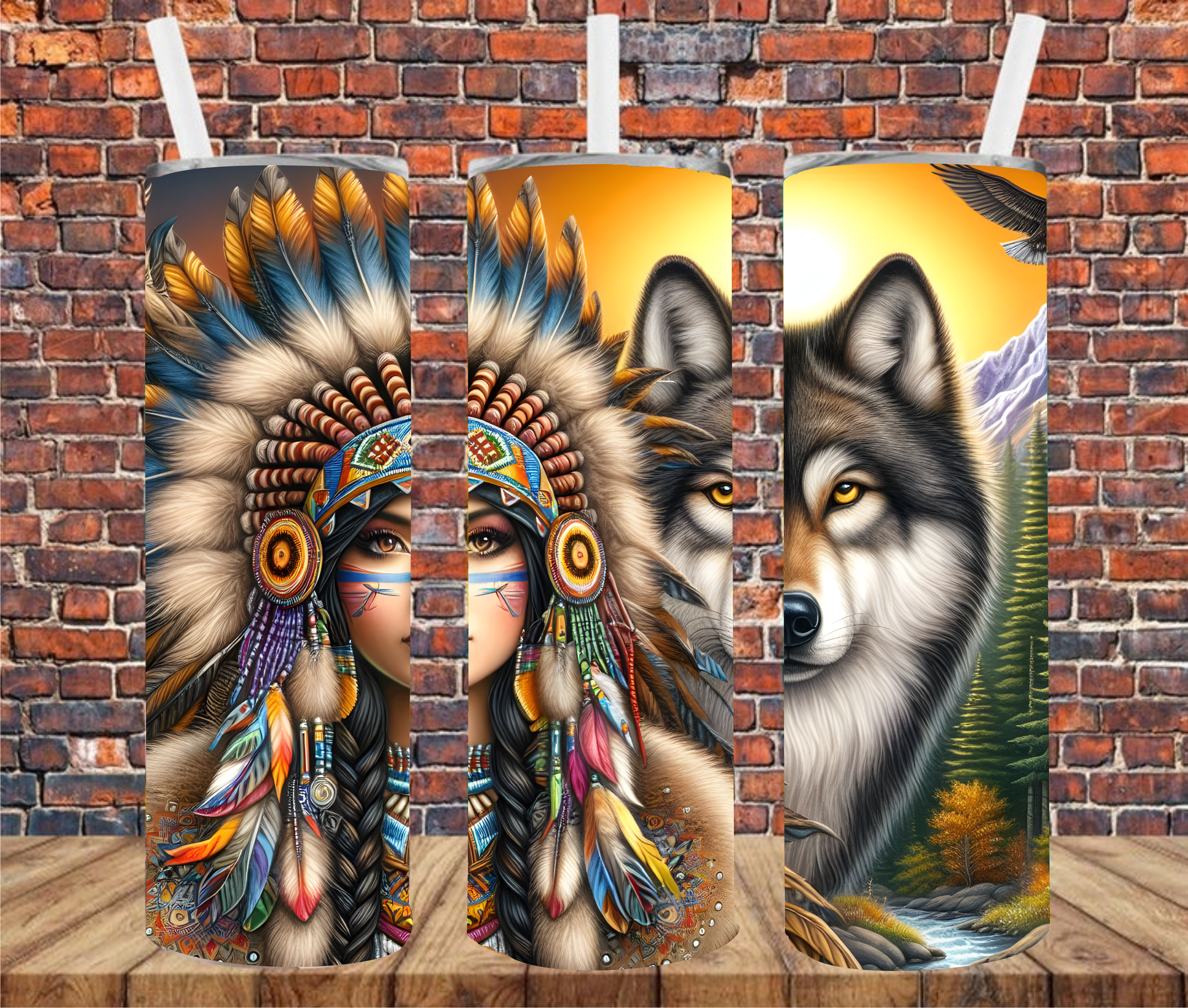 Indian with Wolf - Tumbler Wrap - Sublimation Transfer