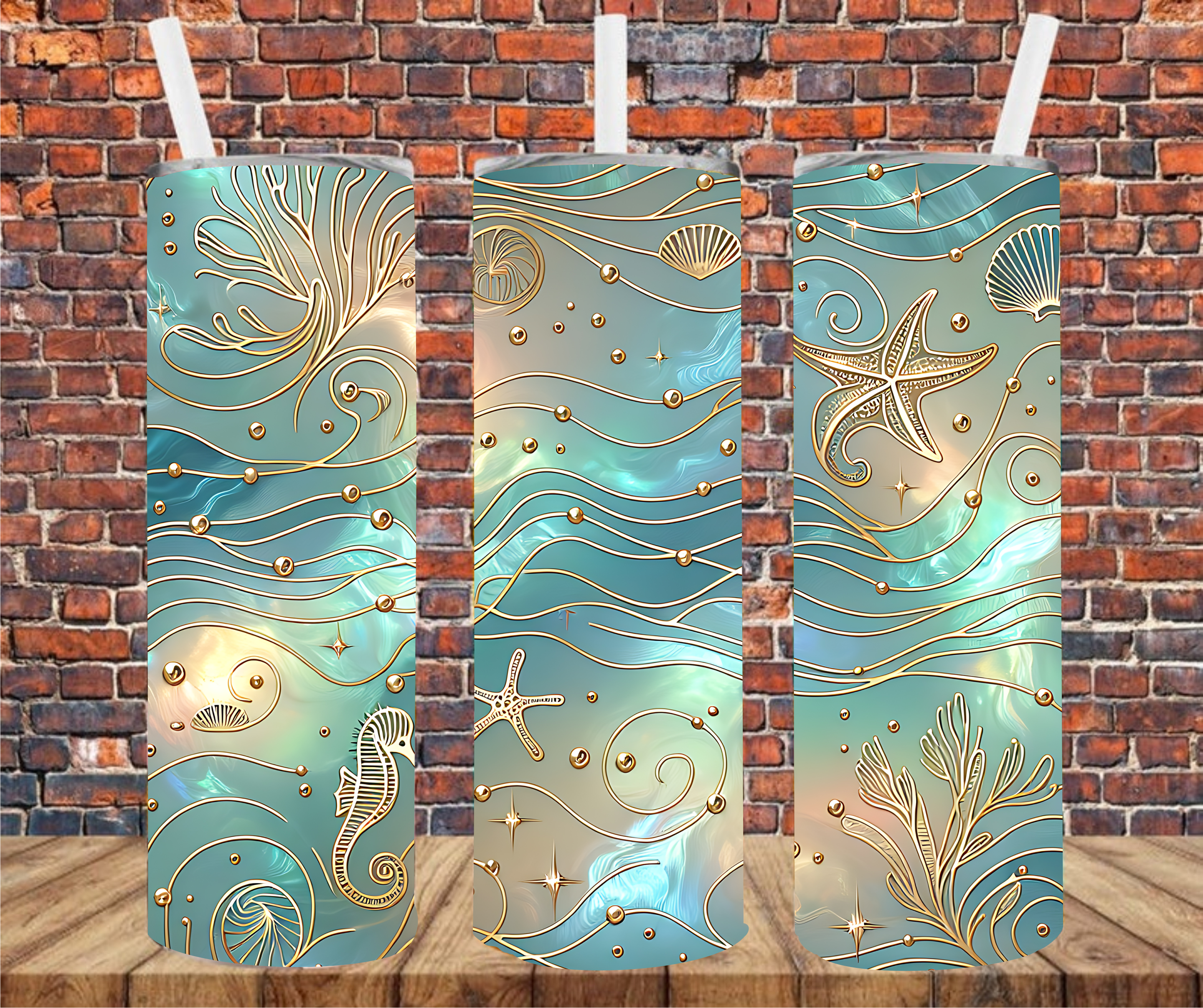 Ocean with Gold Faux Embossed Accents - Tumbler Wrap - Sublimation Transfer