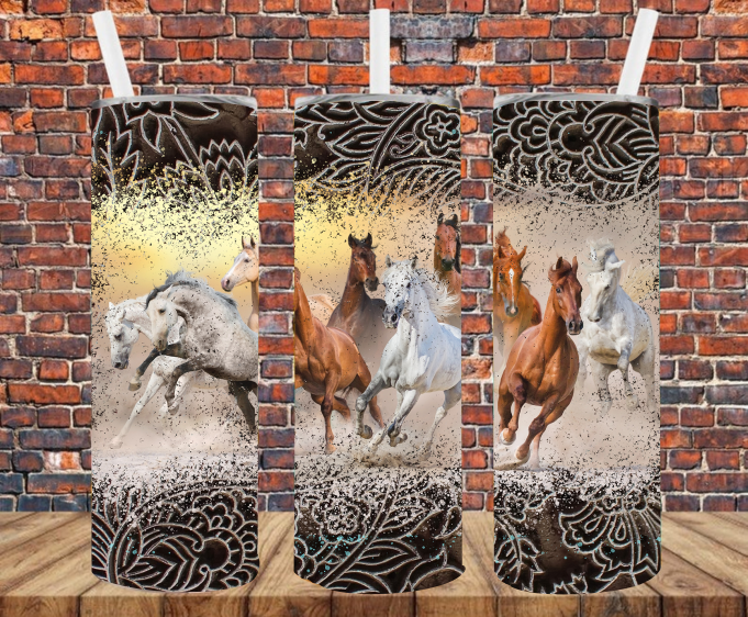 Running Horses Embossed Frame - Tumbler Wrap - Sublimation Transfers