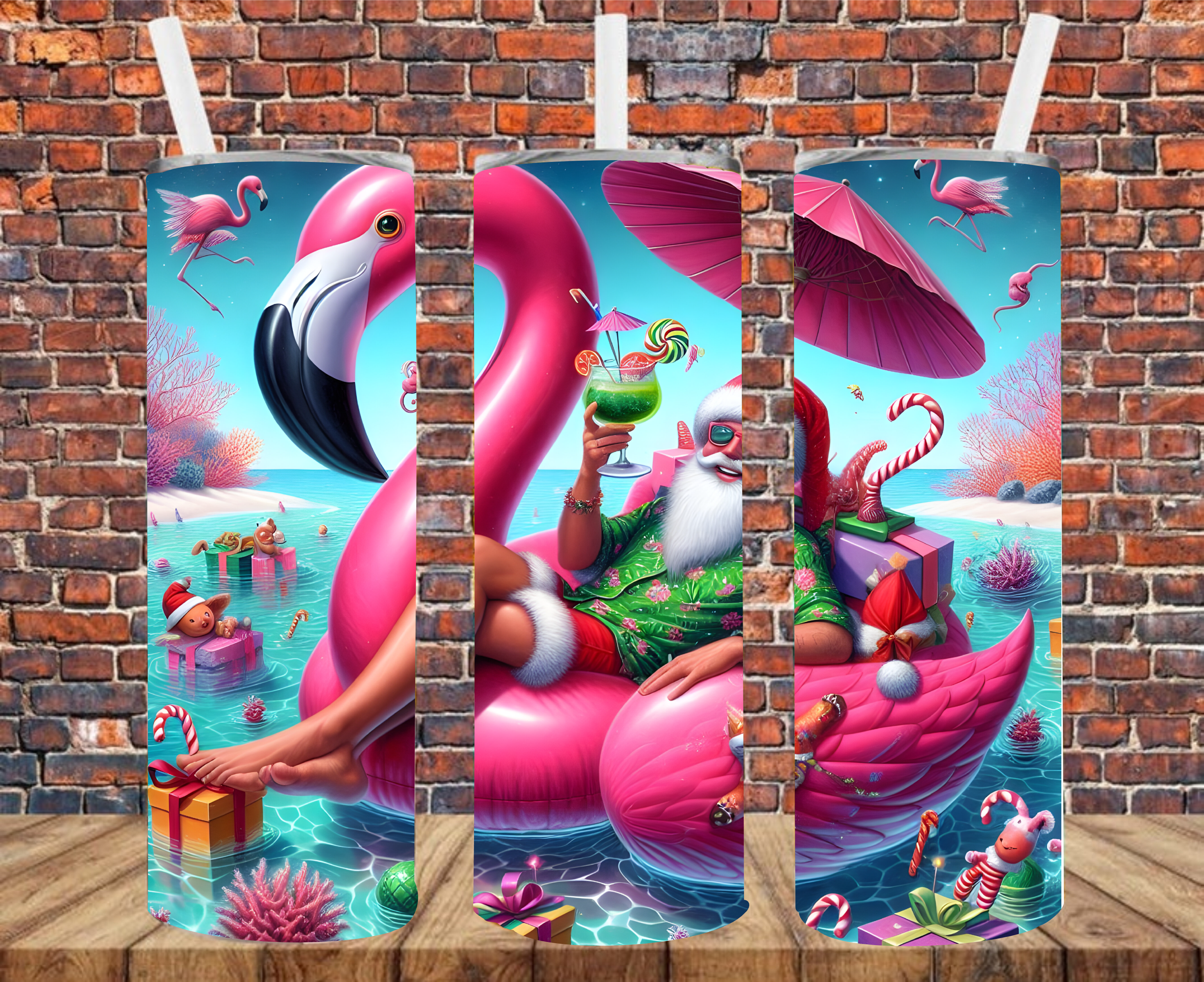 Santa Chillin' On Flamingo Float  - Tumbler Wrap - Sublimation Transfers