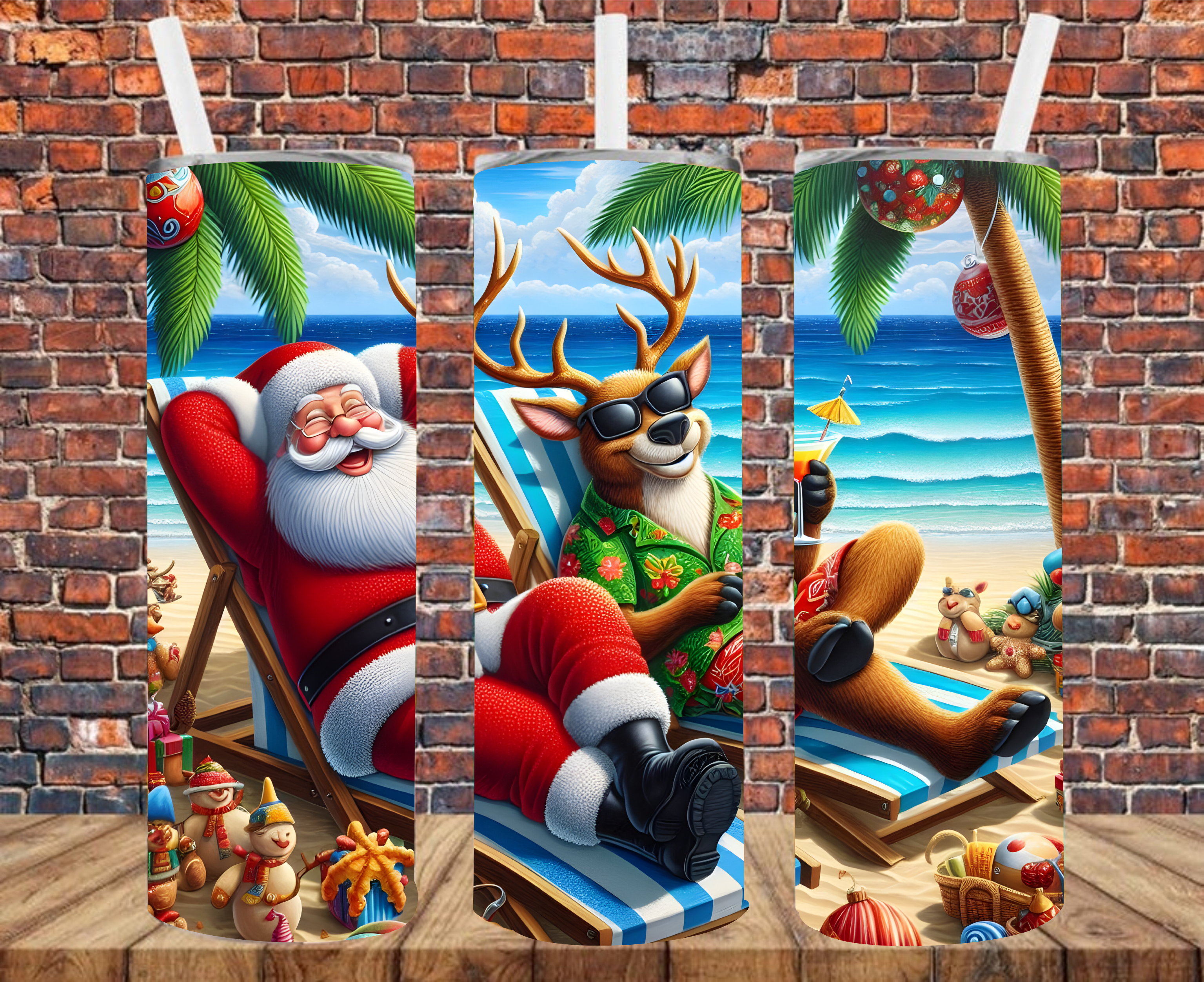 Santa Chillin' With Reindeer - Tumbler Wrap - Sublimation Transfers