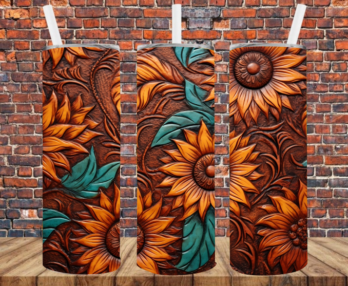 Tooled Leather & Sunflowers - Tumbler Wrap - Sublimation Transfers
