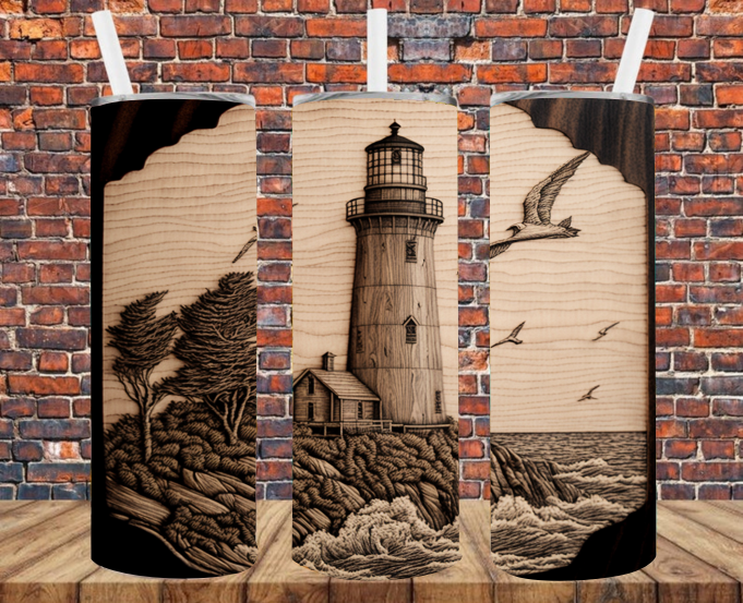 Wood Grain Lighthouse - Tumbler Wrap - Sublimation Transfers